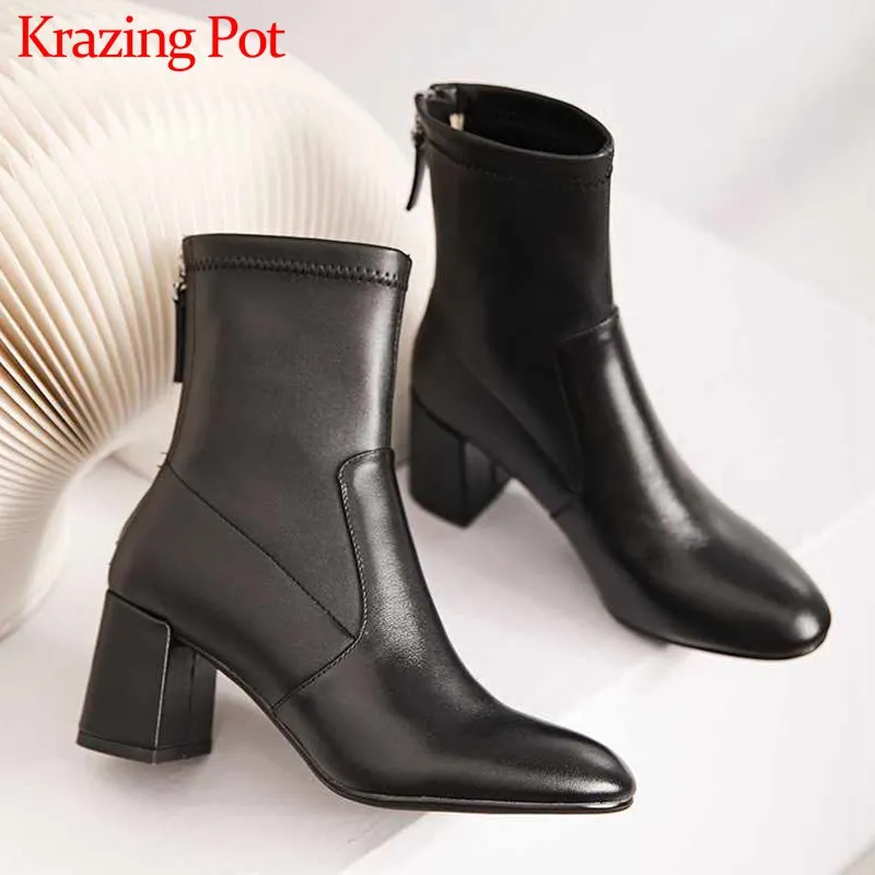 

Krazing Pot new solid back Zipper stretch boots round toe high heels winter keep warm women fashion streetwear ankle boots L13