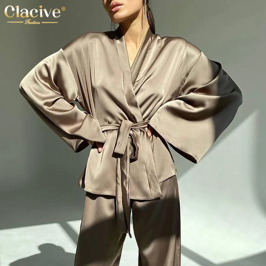 Clacive Fashion Loose Satin Pants Set Women Casual Long Sleeve Shirts Wide Trousers Suits Elegant Home Wear Two Piece Robe Sets pant suit