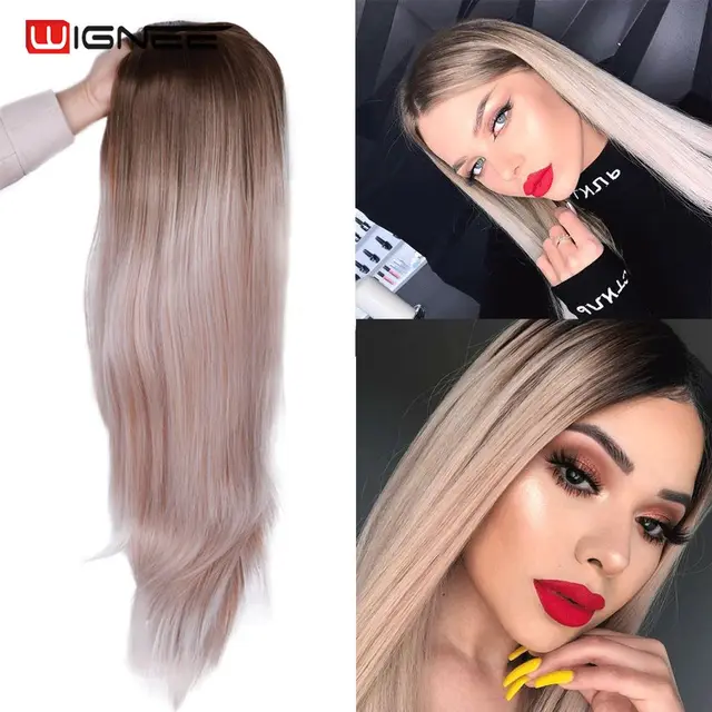 Wignee Long Natural Straight Wig Blonde Middle Part Cosplay Party Lolita Synthetic Wigs for Women Heat Resistant Fiber 1b Grey