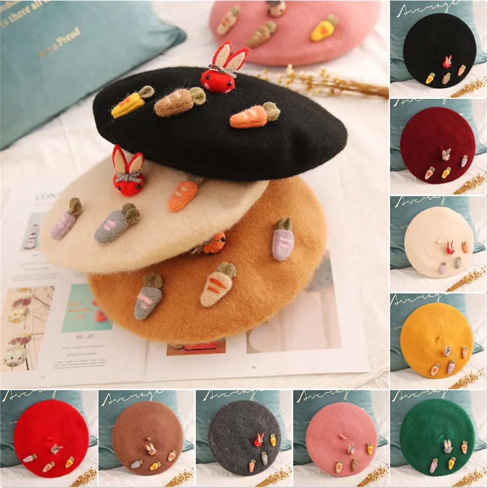 

Beret hat women bonnets Cute Vintage college wind sailor black woolen Rabbit radish Beanie hat Retro sweet painter hat wholesale