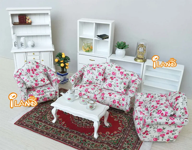 1: 12diy Dollhouse Wooden Furniture Set Model Mini Sofa 3 Pieces