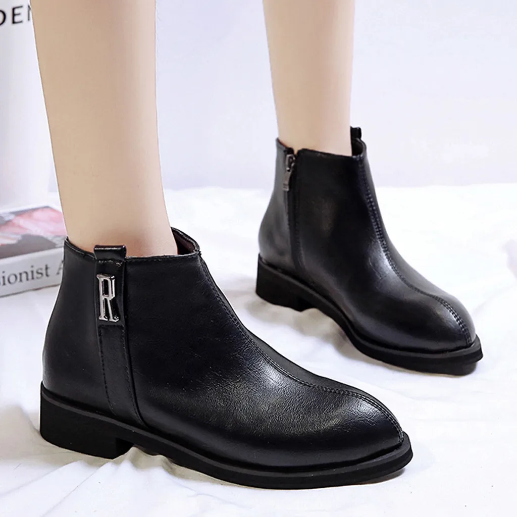 

2019 Women's Leather Ankle Boots Classic Black Winter Short Boot Lady Fashion Business Low Heel Pointed Shoes Formal Work Botas