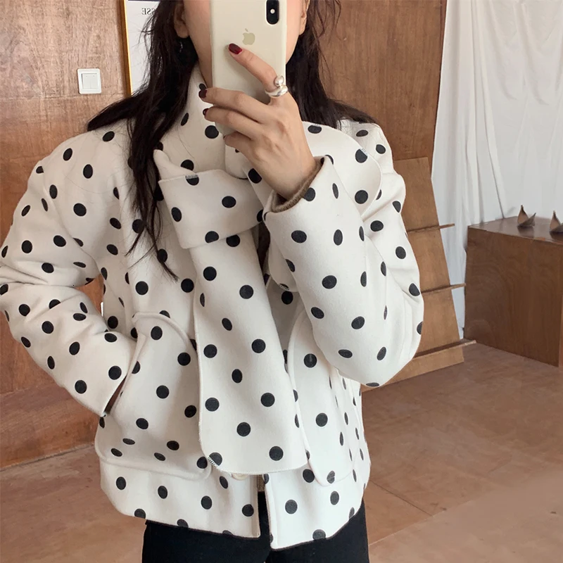 Лаванда SHENGPALAE Autumn Winter With Bow Long Sleeve Vintage Fashion Jacket Plaid Dot Printing Loose Women Coat Tide FV980 - Цвет: Лаванда