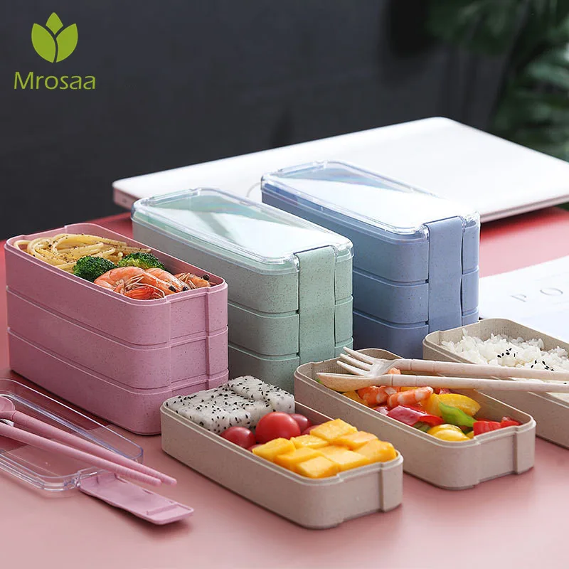 900 мл здорового материала Ланч бокс 3 слоя Пшеничная солома Bento коробки