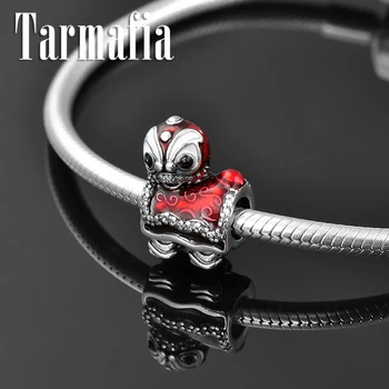 

100% Real 925 Sterling Silver Red Enamel CZ Oriental lion dance Lucky Beads fit Original Pandora Charms Bracelets Jewelry Making