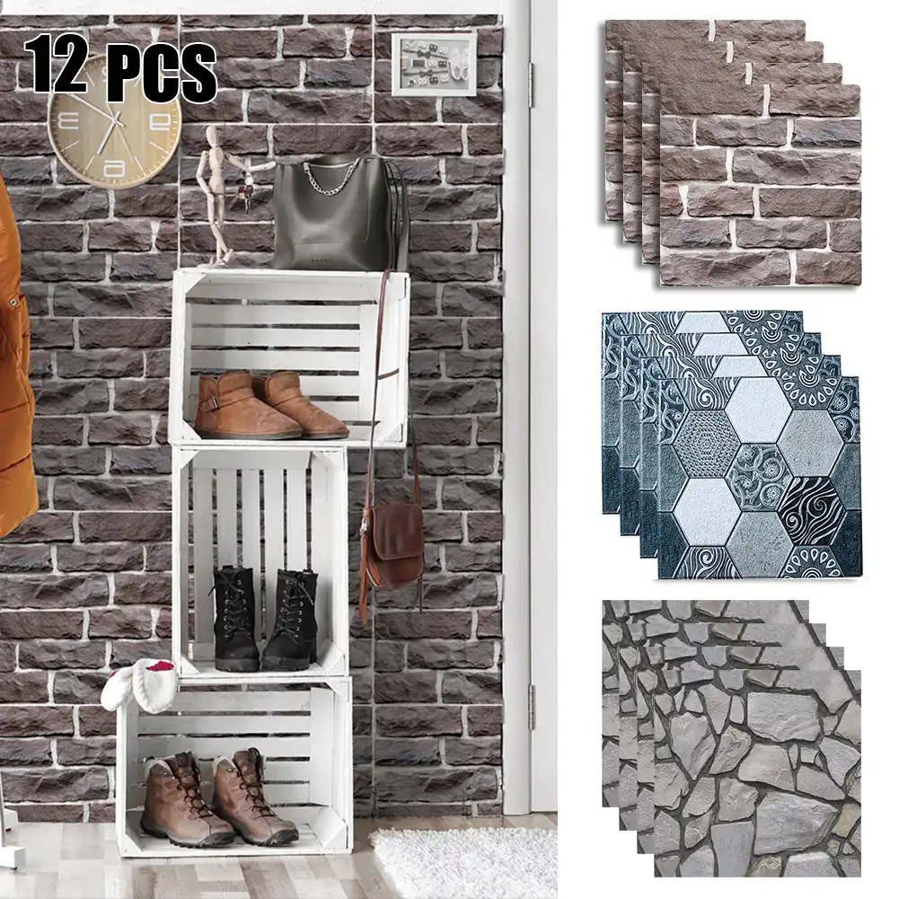 12pcs 3d Wall Panels Brick Stone Wall Tile Waterproof Self Adhesive Wallpaper Living Room Room Bedroom Home Decor Wall Stickers Aliexpress