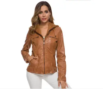 

Women's Hoodie Winter Leather Jacket Lapel Women's Zipper Jacket Faux Leather PU Women's Coat Coat