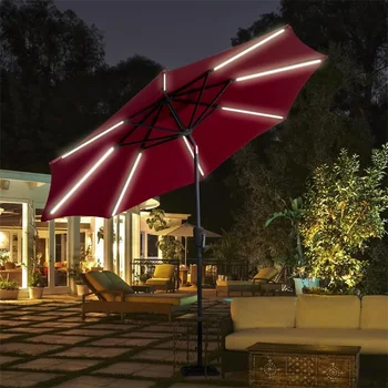 

9 Ft Patio Solar Powered Umbrella with LED Light Beach Umbrella High Quality Polyester Fabric Steel Pole Sombrillas Para Jardin