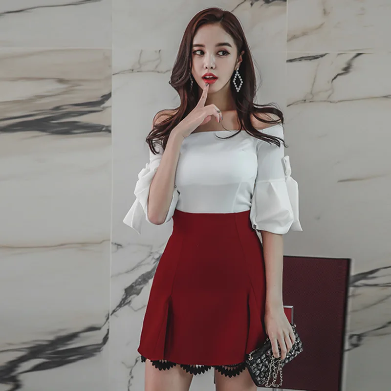 

Fashion Set 2018 Summer New Style Horizontal Neck Tops A- line Skirt off-Shoulder CHIC Shirt Two-Piece Women's