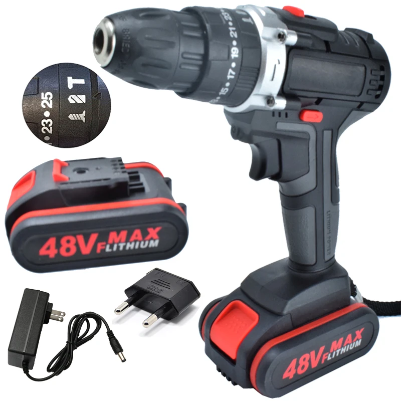 

48VF Impact Drill Lithium Battery Power Drills Cordless Rechargeable 2 Speed Electric Drill for DIY Home Industy Tool