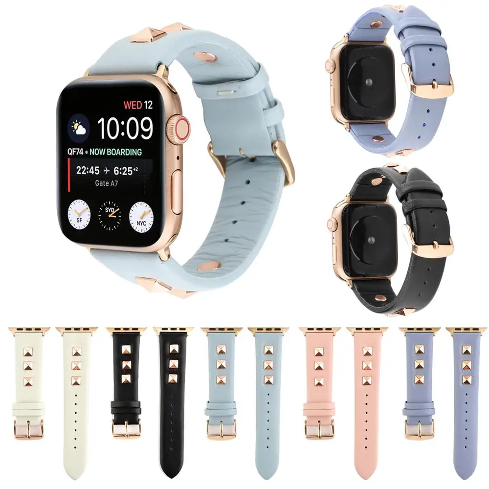 Розовое золото металлические часы на заклепках ремешок для Apple Watch 42/38 мм кожаный