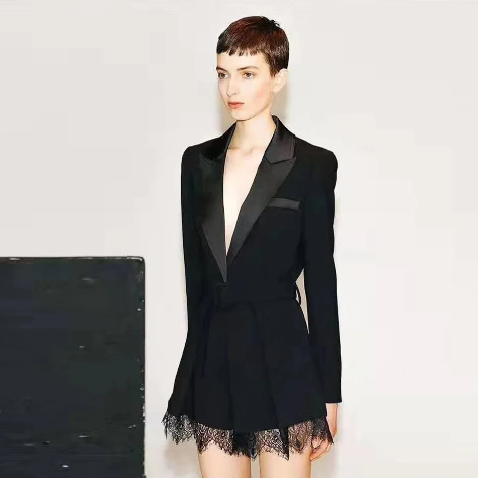 New Fashion Autumn Black Blet Dress Sexy Lace Elegant Women V Neck Long Sleeve Mini Club Vestido Celebrity Party Wholesale