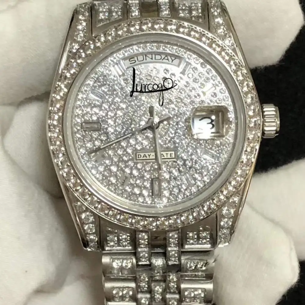 

Silver Iced out Arabic numerals Luxury Brand Rlx watch with box Men automatic self-wind sweeping movement