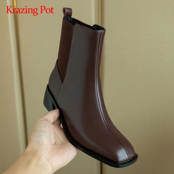 

Krazing pot Chelsea boots natural leather stretch handmade square toe thick med heel slip on pretty girls mature ankle boots L54