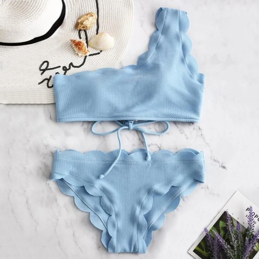 

Hot Sexy Women Underwear Set Solid Color Padded Bathing Suit Wave Lace Singel Strap Biquini Fashion Badage Female Intimates