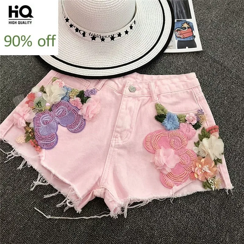 

Hot Fashion Summer 2020 Women Shorts Embroidery Flower Sweet Woman Jeans Casaul Zipper Personalized Harajuku Denim Trouser Femme