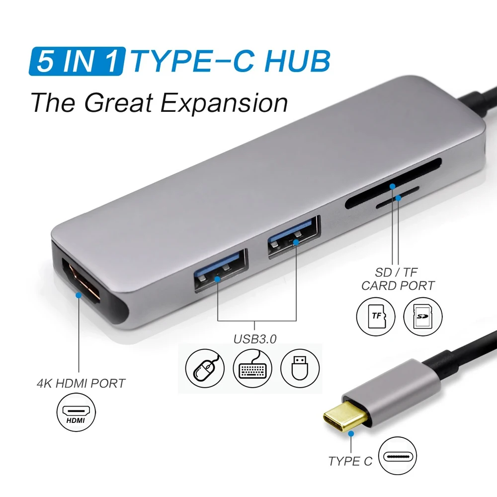 Горячая Распродажа: 5 в 1 Тип с разъемами типа C и USB-C HDMI USB3.0 USB C адаптер для MacBook samsung Galaxy S9/S8 huawei P20 Pro Тип C/USB/SD/TF концентратор карт
