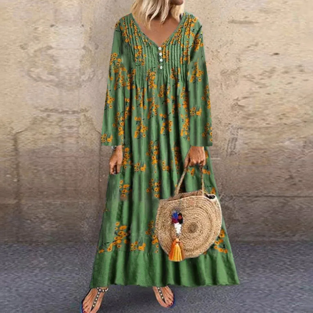 

Feitong Bohemian Women's Dresses Plus Size Print Cotton Linen Long Sleeve Sundress V-neck Button Loose Long Maxi Autumn Vestidos