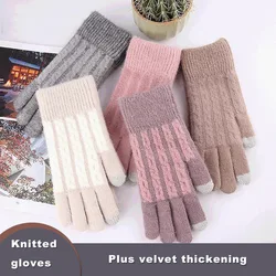 Autumn And Winter Knitted Touch Screen Gloves Ladies Plus Velvet Thickening Outdoor Driving Touch Screen Warm Gloves