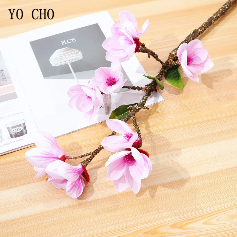Light-purple YO CHO 9 голов искусственная Магнолия Шелковые Цветы Свадебные Рождество гостиная украшения Флорес длинные с длинным стволом искусственные Флорес - Цвет: Light-purple