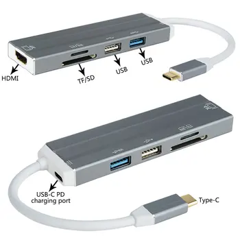 

6 In 1 Usb-C Hub 4K Hd Video Audio Cable Adapter Type C To Hdmi Usb 3.0/Usb 2.0 With Card Reader Type C Usb Hub