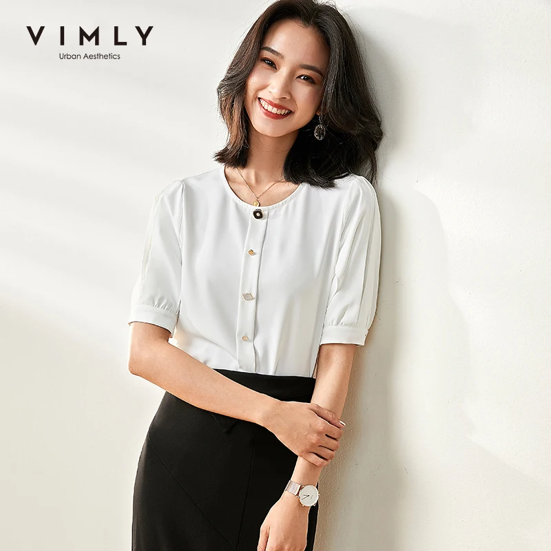 Женская шифоновая блузка с круглым вырезом Vimly элегантная однотонная винтажная