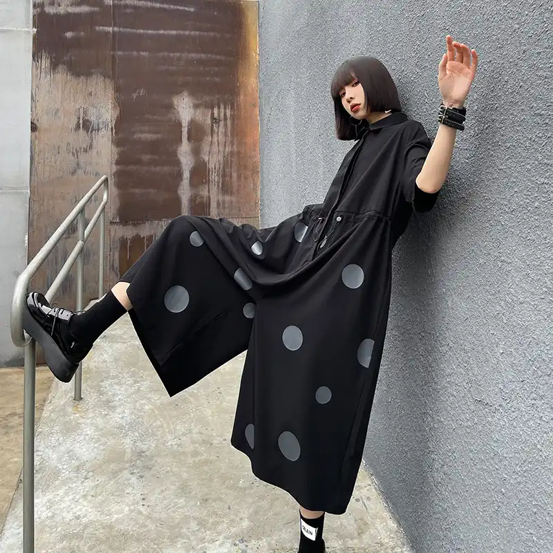 オーバーオールパンツ女性の21夏の新ファッションスーツ女性のワイド脚ウエスト波ポイントカジュアルワンピースファッション パンツ カプリパンツ Aliexpress