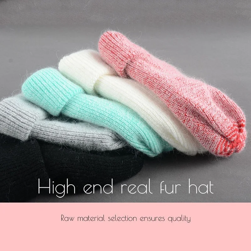 Women Knitted Winter Rabbit Fluff Fur Hat Beanie Femme Warm Cap Female Soft Women Skullies Girl Solid Bonnet Thick Beanies