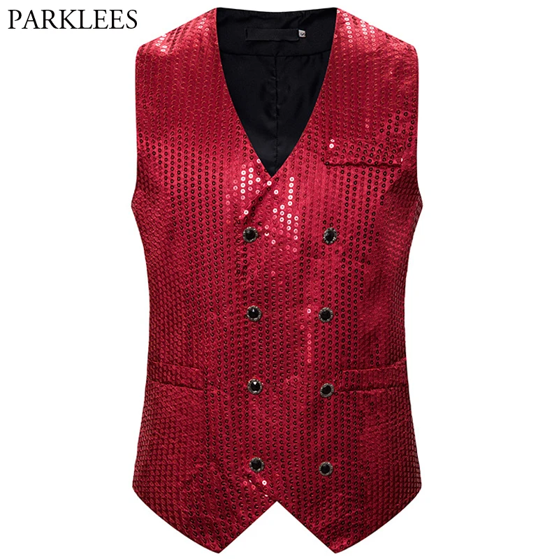 Mens Shiny Glitter Vest Double-breasted Sequin Men Vest Casual Wedding Nightclub Dance Men Gilet Party Mens Dress Vests Hombre