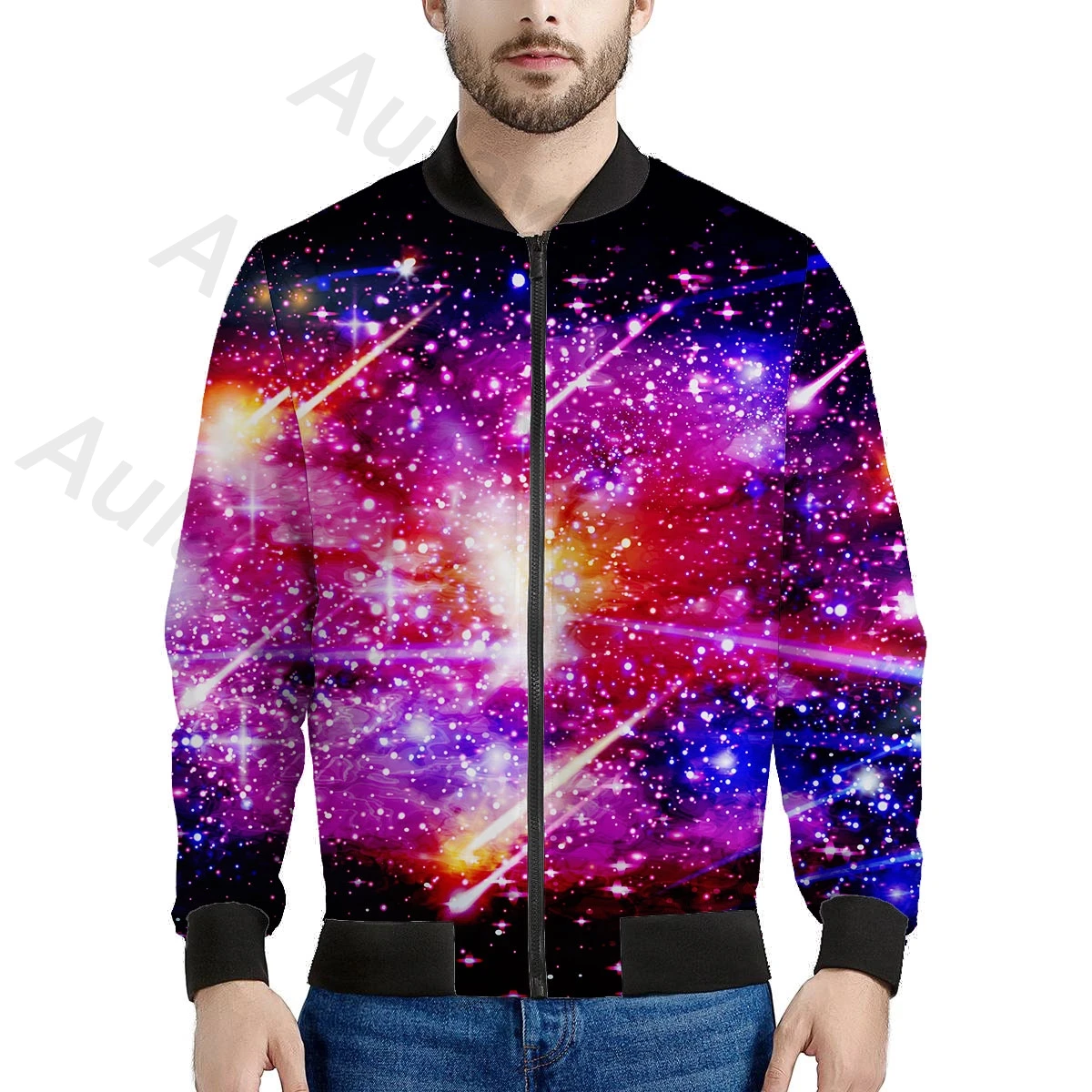 

Aulaygo Autumn Winter Cotton Jacket Men's Casual Cool Colorful Starry Sky Print Stand Collar Zipper Jacket Coats Male Outerwear