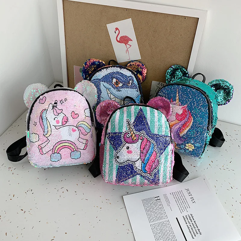 

2020 Spring Korean-style Children Sequin Canvas Backpack Girl'S Fashion Cartoon Unicorn Burden Relieving Shoulder Small Bookbag