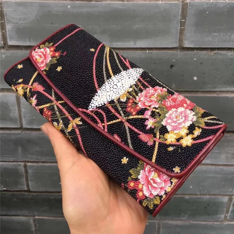 Monedero grande de piel auténtica para mujer, cartera de mano larga con diseño de flor de peonía, tarjetero piel auténtica para mujer, soporte para teléfono|Carteras| - AliExpress