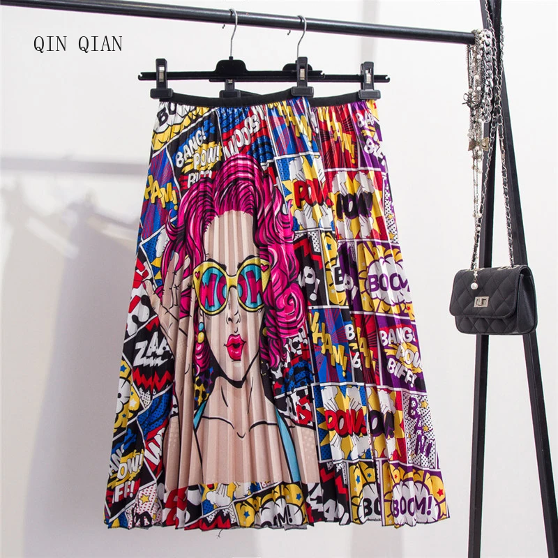 

2020 New Printing High Waist Pleated Skirt Women Spring Summer Midi Skirts Womens Elastic Waist A Line Long Skirts For Women Rok