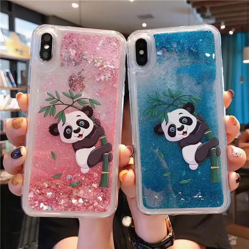 

Quicksand Glitter Mobile Phone Case Coque For iPhone 6 6s 7 8 Plus X XS XR XSMAX Cute Panda Pattern Back Cover Transparent Shell