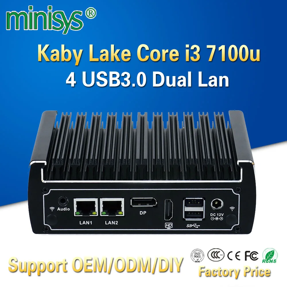 Minisys Fanless mini pc intel core i3 7100u CPU dual ethernet lan nano itx desktop computer support M.2 port 6 USB3.0 2 COM 12V