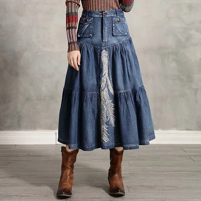 Женская юбка Yuzi. may Boho новые джинсовые женские юбки винтажные с вышивкой и накладными карманами Saias X2230 Saia Feminina - Цвет: Синий