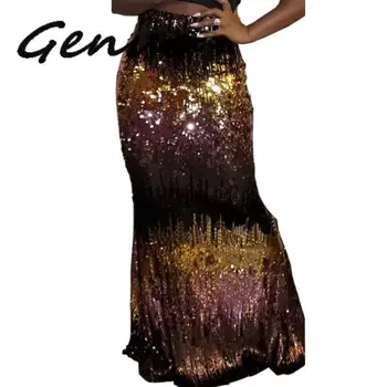 

Genuo 2019 Fall Winter Sexy Sequin Skirt High Waist Gold Pencil Skirts Ladies Long Shiny Sequin Bling Party Night Long Skirt