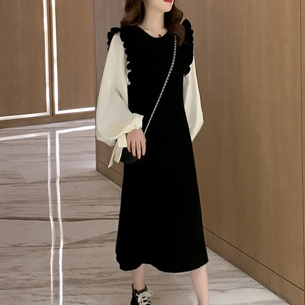 

Puff Sleeve Dress For Women Spring Knitted Fake Two Piece Patchwork Korean Office Ladies Causal Sweet Long Dresses Vestidos
