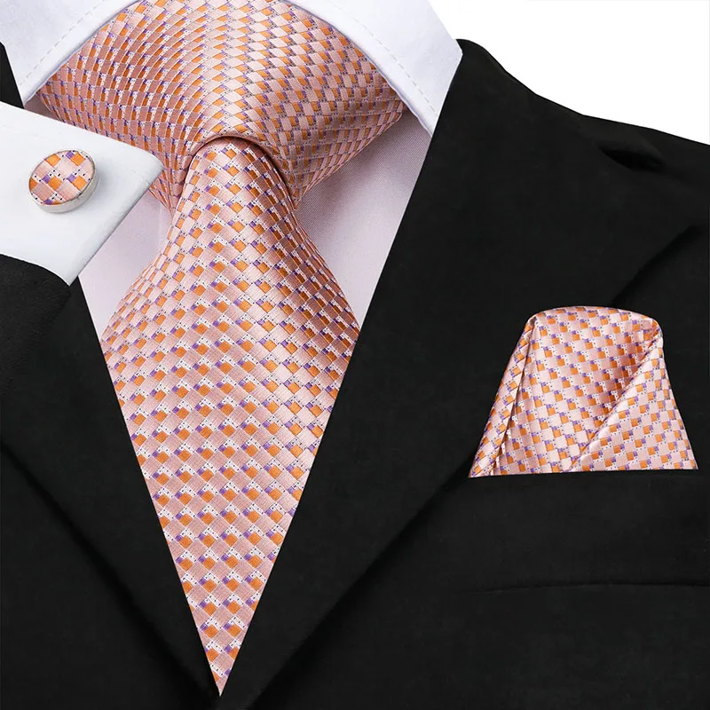 Хит-галстук коралловый 8,5 см мужские галстуки Hanky запонки набор больших шелковых галстуков для мужчин розовый клетчатый коралловый роскошный галстук для свадебной вечеринки