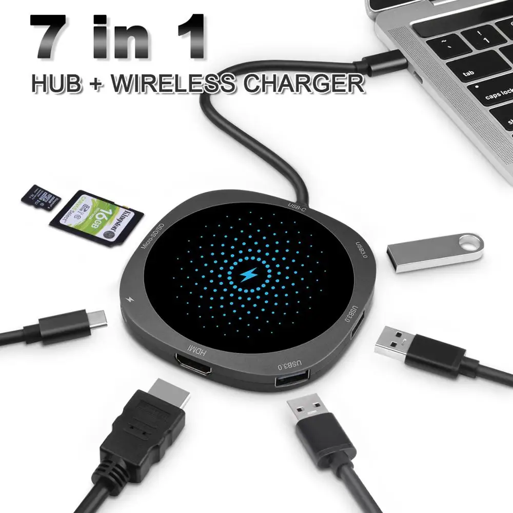 Хаб USB C 7 в 1 хаб 3 0 адаптер HDMI беспроводное зарядное устройство QI usb разветвитель