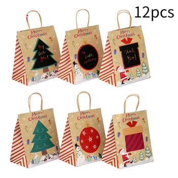 

12pcs Durable Large Capacity For Presents Holiday DIY Graffiti Cute Christmas Gift Bag Candies Cookies Reusable Brown Paper