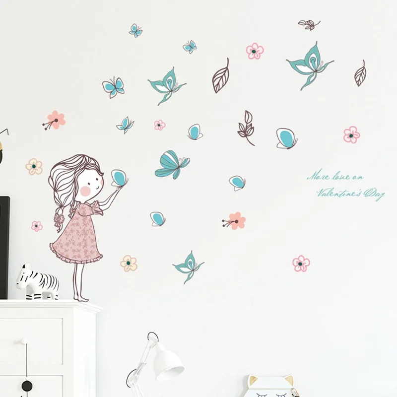 

Flying Butterfly girl wall stickers bedroom Girls room home decoration art mural cartoon stickers Children's room wallpaper