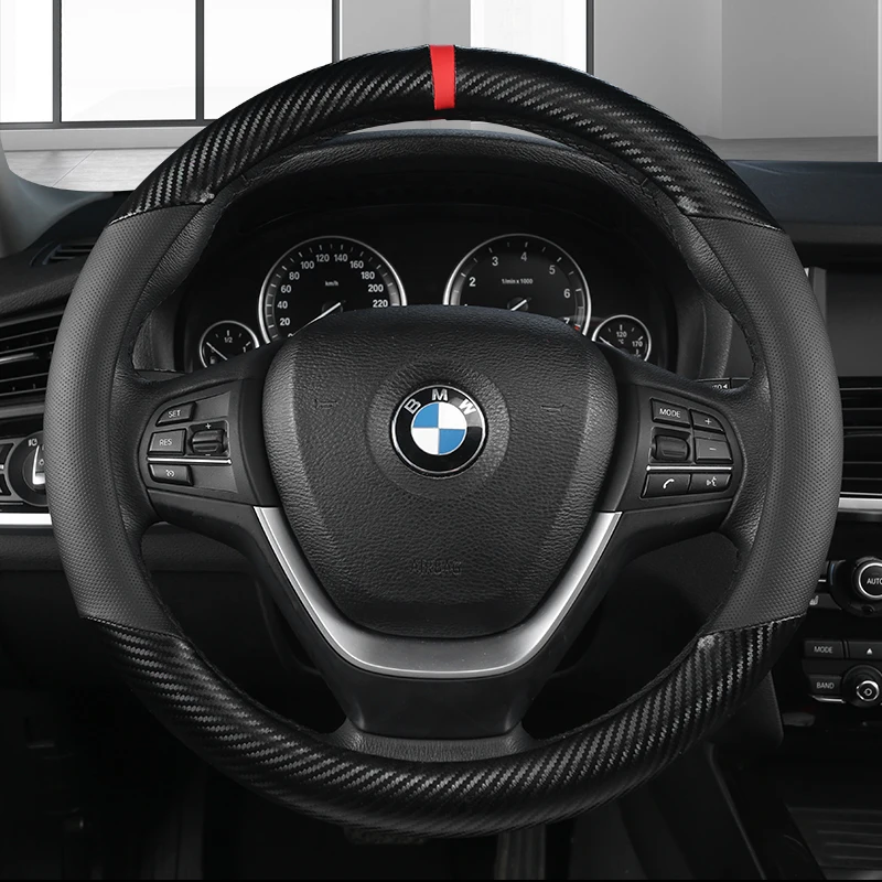 Housse de volant de voiture en cuir véritable, en Fiber de carbone, taille  M 38cm, pour BMW X1 X3 X5 X6 E36 E39 E46 E30 E60 E90 E92 - Type Black