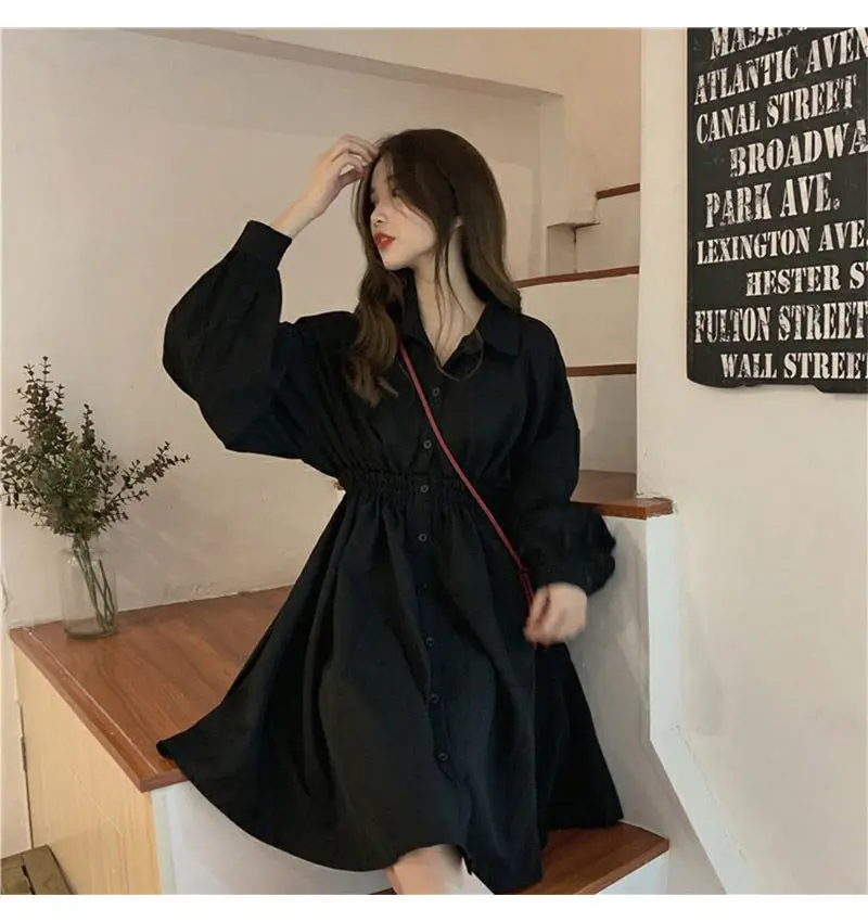 Dress Women Korean Elastic Waist Design Vintage Black Simple Summer Womens Vestidos Lantern Sleeve Trendy Preppy Girls Dresses mini dress