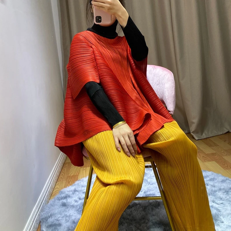 Changpleat новые женские свободные топы Miyak плиссированные Модные Дизайнерские однотонные женские футболки с круглым вырезом большого размера