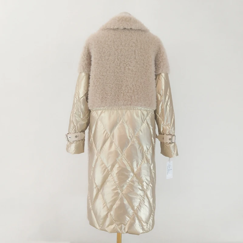 Розовое пальто для женщин зима Новое поступление х-длинная пуховая куртка Лоскутная парка из натурального овечьего меха с отложным воротником одежда толстая теплая