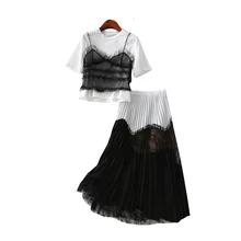 Поколение однотонной футболки с короткими рукавами, кружевная плиссированная юбка, комплект из трех предметов