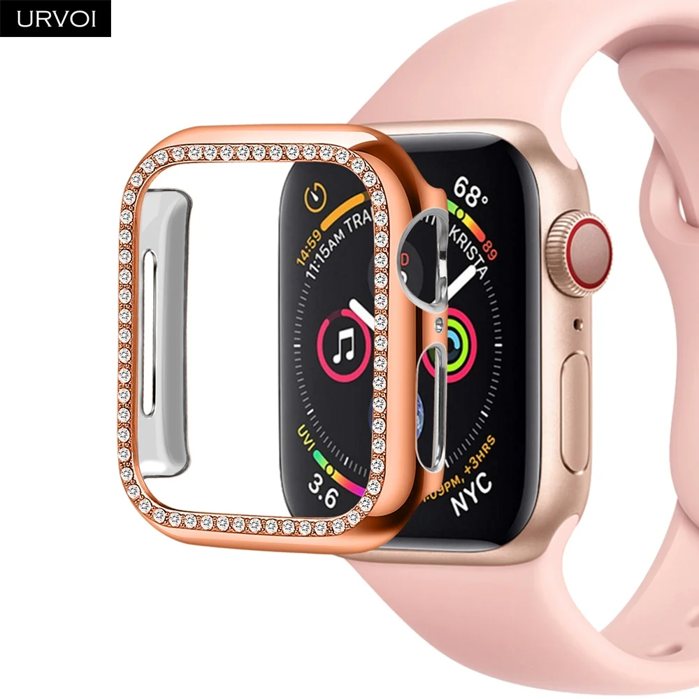 URVOI бампер для apple watch 4 3 2 Чехол Ремешок для iwatch Гальваническое пластиковое покрытие протектор 40 мм 44 мм Блестящий Цирконий стекло