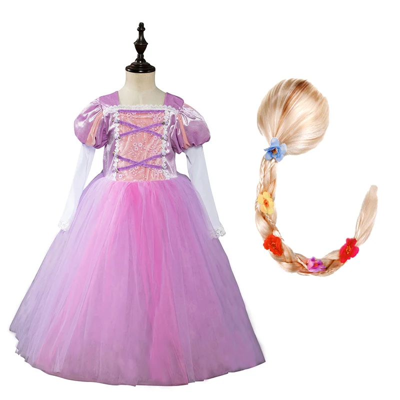 Платье Рапунцель для девочек; детская одежда с длинными рукавами; Детский карнавальный костюм на Рождество; осенний костюм для девочек; парик и аксессуары - Цвет: Dress A and Wig-1