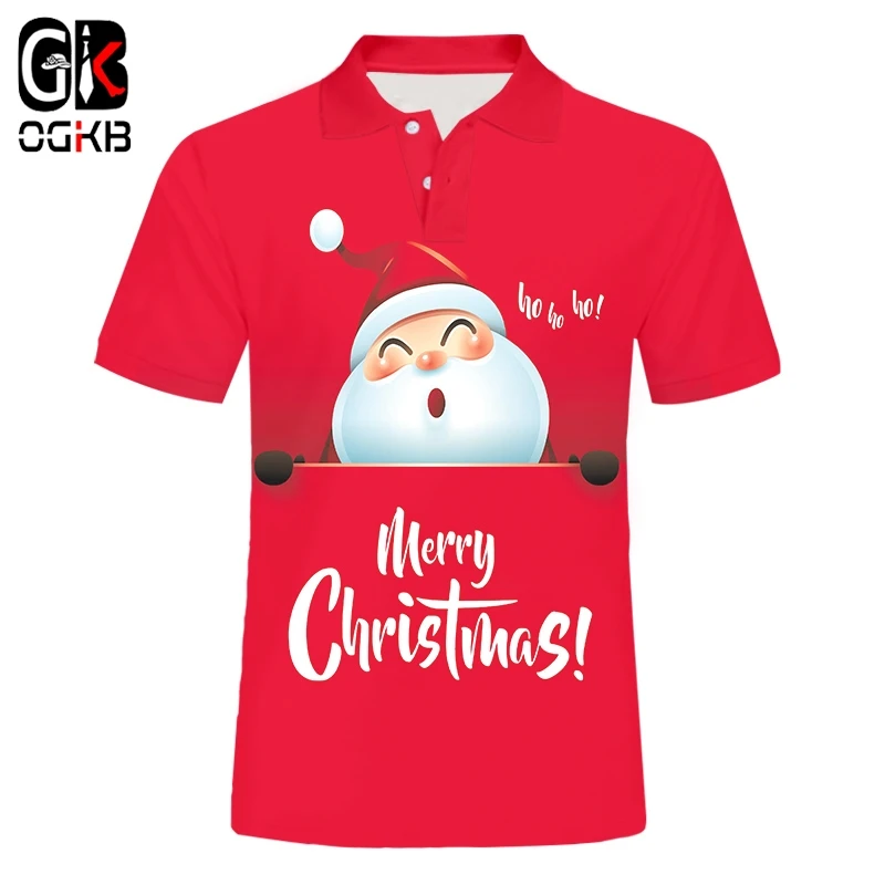 

OGKB New Funny Christmas Santa Claus 3D Printed Polo T Shirts Men Xmas Tshirt Casual Cartoon Party Short Sleeve Polo Shirts